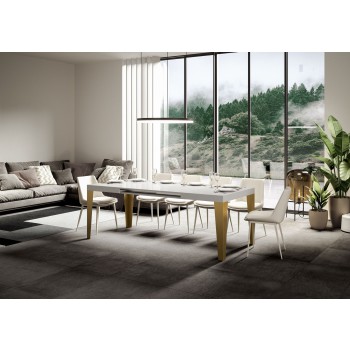 Table Flame Gold - Table extensible 90x160/264 cm Frêne blanc flammé Cadre doré