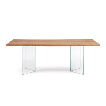 Table Lotty en placage de chêne avec finition naturelle et pieds en verre, 220 x 100 cm