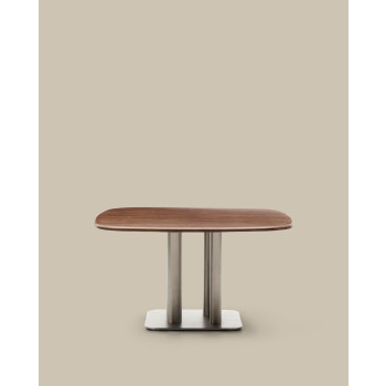Table Melvar en placage noyer et pieds avec base en acier inoxydable brossé 121 x 121 cm