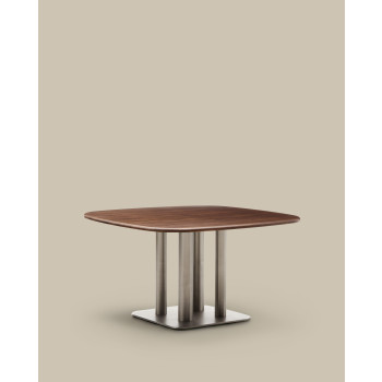 Table Melvar en placage noyer et pieds avec base en acier inoxydable brossé 121 x 121 cm