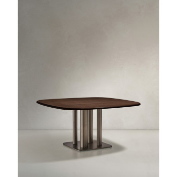 Table Melvar en placage noyer et pieds avec base en acier inoxydable brossé 150 x 150 cm