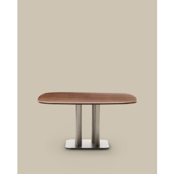 Table Melvar en placage noyer et pieds avec base en acier inoxydable brossé 150 x 150 cm