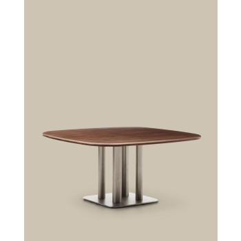Table Melvar en placage noyer et pieds avec base en acier inoxydable brossé 150 x 150 cm