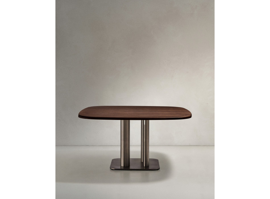 Table Melvar en placage noyer et pieds avec base en acier inoxydable brossé 150 x 150 cm