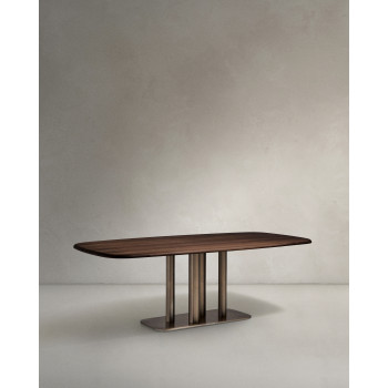 Table Melvar en placage de noyer et pieds avec base en acier inoxydable brossé 180 x 100 cm