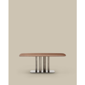 Table Melvar en placage noyer et pieds avec base en acier inoxydable brossé 180 x 100 cm