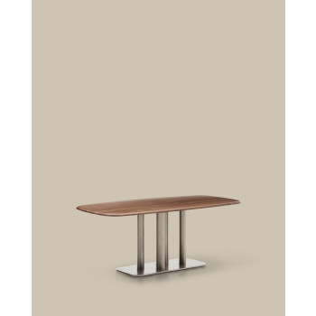 Table Melvar en placage noyer et pieds avec base en acier inoxydable brossé 180 x 100 cm