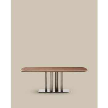 Table Melvar en placage noyer et pieds avec base en acier inoxydable brossé 220 x 110 cm