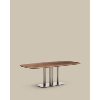 Table Melvar en placage noyer et pieds avec base en acier inoxydable brossé 220 x 110 cm