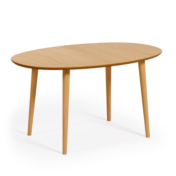 Table ovale extensible Oqui en placage de chêne, pieds en bois massif Ø 140 (220) x 90 cm