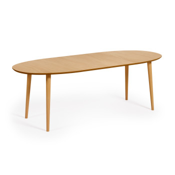 Table ovale extensible Oqui en placage chêne, pieds en bois massif Ø 140 (220) x 90 cm