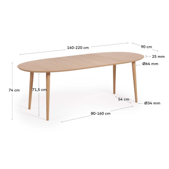 Table ovale extensible Oqui en placage de chêne Ø140