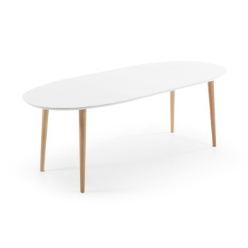 Table ovale extensible Oqui, MDF laqué blanc g90 naturel, laqué blanc
