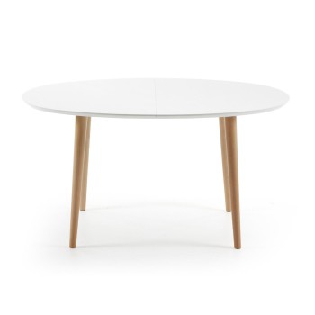 Table ovale extensible Oqui, MDF laqué blanc g90 naturel, laqué blanc