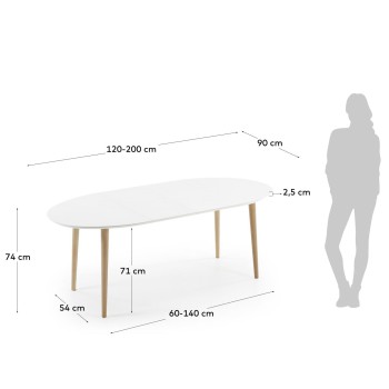 Table ovale extensible Oqui MDF laqué blanc g90 naturel, laqué blanc ou