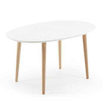 Table ovale extensible Oqui, MDF laqué blanc g90 naturel, laqué blanc