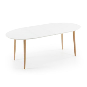 Table ovale extensible Oqui, MDF laqué blanc, pieds en hêtre massif, 120 (200) x 90 cm