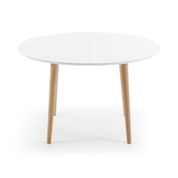 Table ovale extensible Oqui, MDF laqué blanc, pieds en hêtre massif, 120 (200) x 90 cm