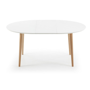 Table ovale extensible Oqui, MDF laqué blanc, pieds en hêtre massif, 120 (200) x 90 cm