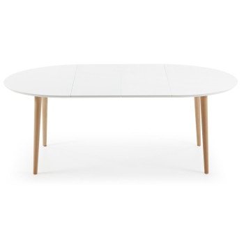 Table ovale extensible Oqui, MDF laqué blanc, pieds en hêtre massif, 120 (200) x 90 cm