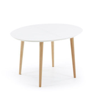 Table ovale extensible Oqui, MDF laqué blanc, pieds en hêtre massif, 120 (200) x 90 cm