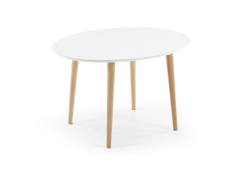 Table ovale extensible Oqui, MDF laqué blanc, pieds en hêtre massif, 120 (200) x 90 cm