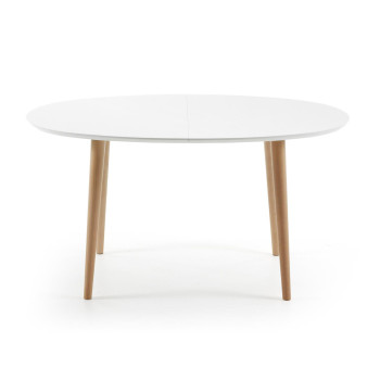 Table ovale extensible Oqui, MDF laqué blanc, pieds en hêtre massif, 140 (220) x 90 cm