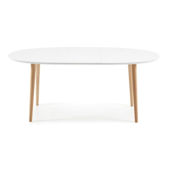 Table ovale extensible Oqui, MDF laqué blanc, pieds en hêtre massif, 140 (220) x 90 cm