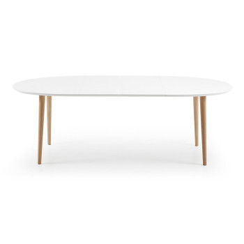Table ovale extensible Oqui, MDF laqué blanc, pieds en hêtre massif, 140 (220) x 90 cm