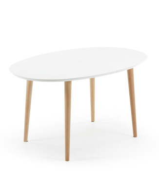 Table ovale extensible Oqui, MDF laqué blanc, pieds en hêtre massif, 140 (220) x 90 cm