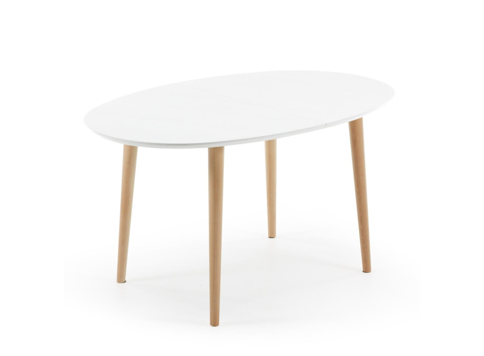 Table ovale extensible Oqui, MDF laqué blanc, pieds en hêtre massif, 140 (220) x 90 cm