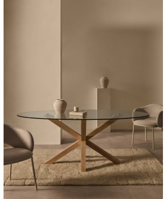 Table ovale en verre Argo avec pieds en acier effet bois