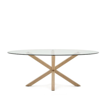 Table ovale en verre Argo avec pieds en acier effet bois