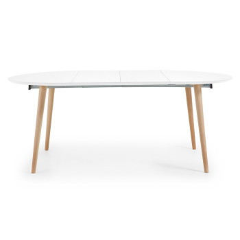Table ronde extensible Oqui, MDF laqué blanc, pieds en hêtre massif, 120(200)x120cm