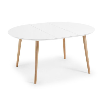 Table ronde extensible Oqui, MDF laqué blanc, pieds en hêtre massif, 120(200)x120cm