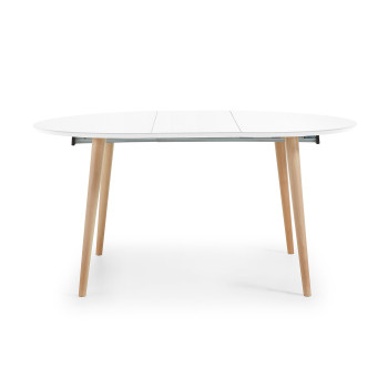 Table ronde extensible Oqui, MDF laqué blanc, pieds en hêtre massif, 120(200)x120cm