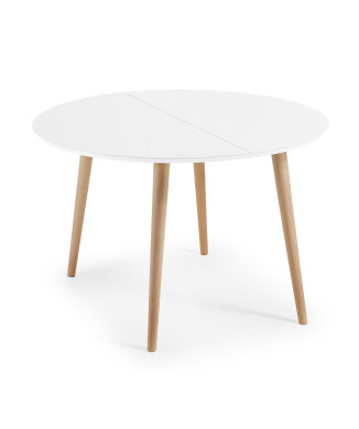Table ronde extensible Oqui, MDF laqué blanc, pieds en hêtre massif, 120(200)x120cm