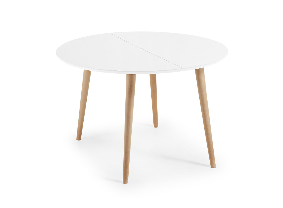 Table ronde extensible Oqui, MDF laqué blanc, pieds en hêtre massif, 120(200)x120cm