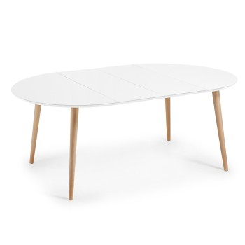 Table ronde extensible Oqui, MDF laqué blanc 120 naturel, laqué blanc