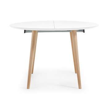 Table ronde extensible Oqui, MDF laqué blanc 120 naturel, laqué blanc