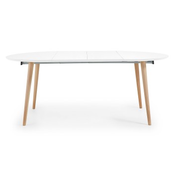 Table ronde extensible Oqui, MDF laqué blanc 120 naturel, laqué blanc