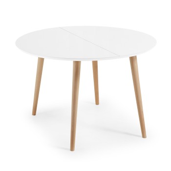 Table ronde extensible Oqui, MDF laqué blanc 120 naturel, laqué blanc