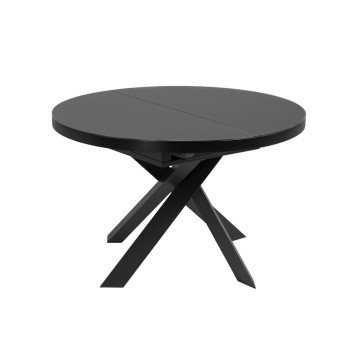 Table ronde extensible Vashti en verre et pieds en acier, finition noire, Ø 120 (160) cm