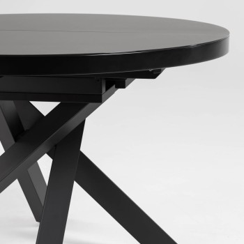 Table ronde extensible Vashti en verre et pieds en acier, finition noire, Ø 120 (160) cm
