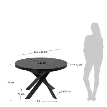 Table ronde extensible Vashti en verre et pieds en acier, finition noire, Ø 120 (160) cm