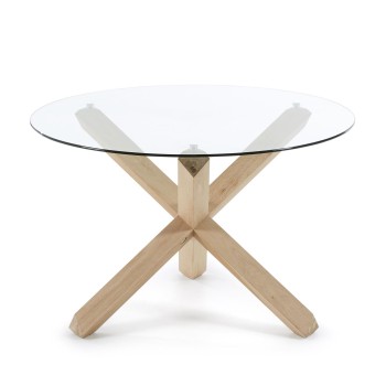 Table ronde Lotus en verre et pieds en bois, verre masian, pieds en bois