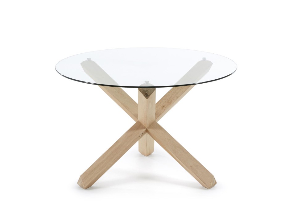 Table ronde Lotus en verre et pieds en bois, verre masian, pieds en bois