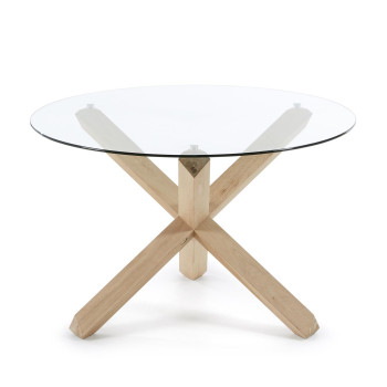 Table ronde en verre Lotus avec pieds en chêne massif, Ø 120 cm