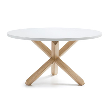 Table ronde Lotus Ø 135 cm en MDF laqué blanc avec pieds en chêne massif