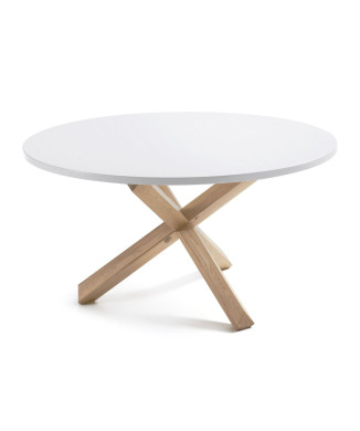 Table ronde Lotus Ø 135 cm en MDF laqué blanc avec pieds en chêne massif